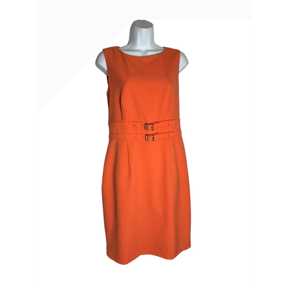 Calvin Klein Dress Size 10 Bright Orange Sleeveless Sheath Dress Buckle Detail